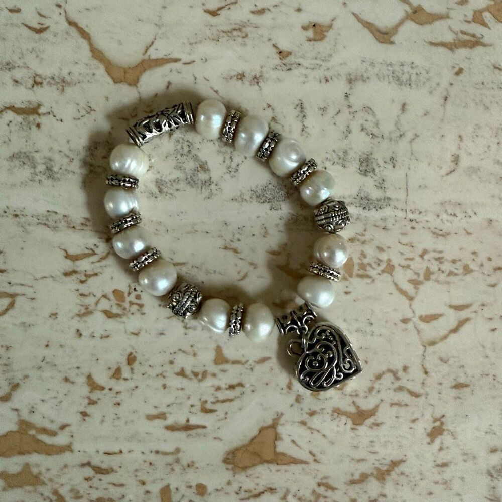 Stretch pearl and silver bead bracelet with heart accent bead romantic boho